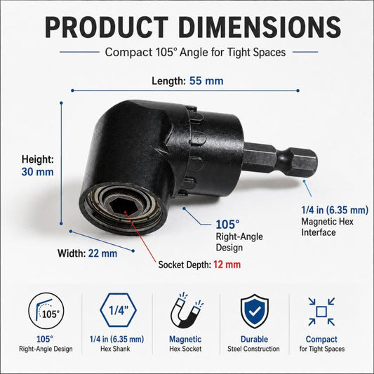 Black 105° right-angle drill adapter with compact angled head and 1/4 in hex interface