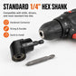 Black 105° right-angle drill adapter with 1/4 in hex shank and hex bit