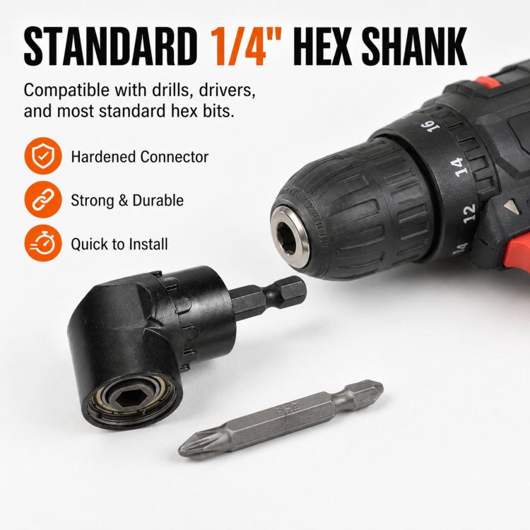 Black 105° right-angle drill adapter with 1/4 in hex shank and hex bit