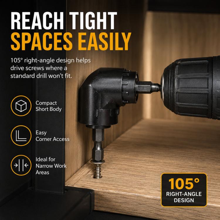 Black 105° right-angle drill adapter enabling screwdriving in tight corners