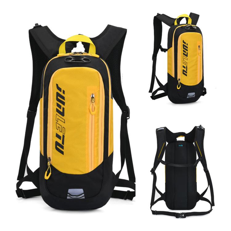 Yellow and black hydration backpack with adjustable shoulder straps and front zipper pocket
