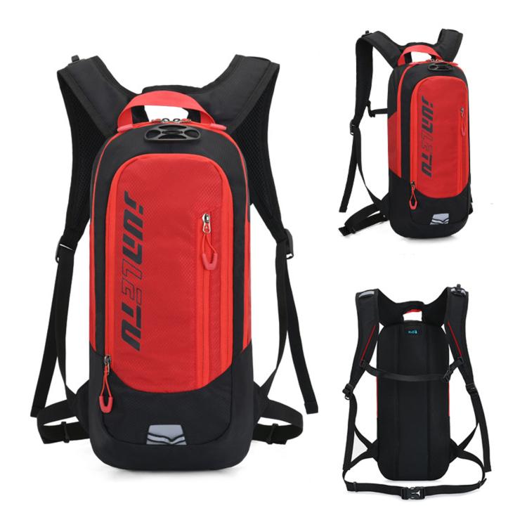 Red and black hydration backpack with adjustable shoulder straps and front zipper pocket