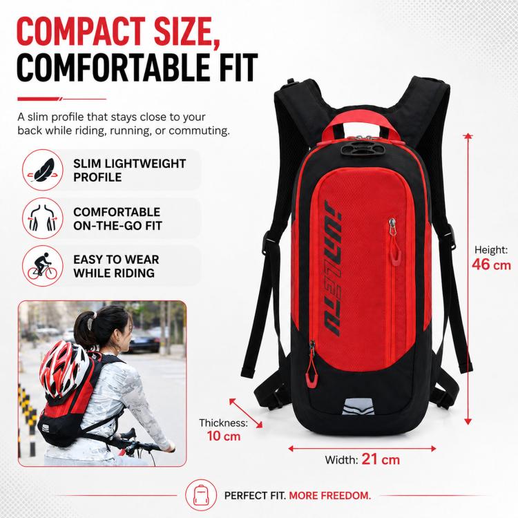 Red and black slim hydration backpack with front zip pocket and adjustable shoulder straps