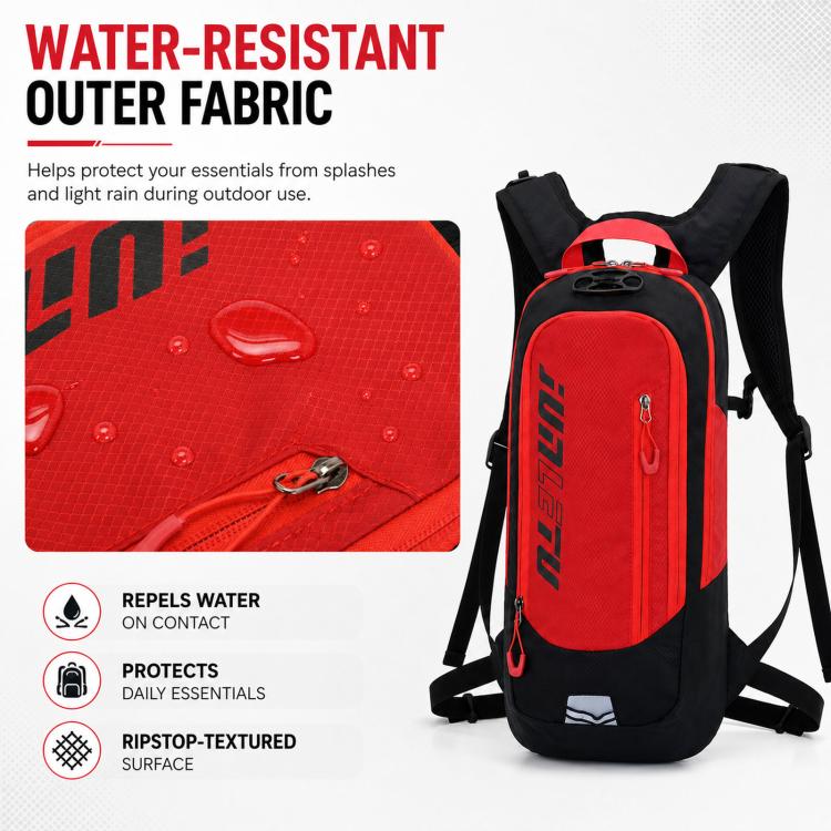 Red hydration backpack with black trim and front zip pocket
