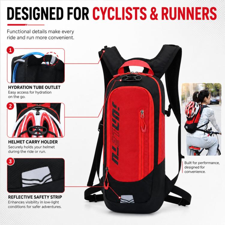Red hydration running backpack with hydration tube outlet and front zipper compartment