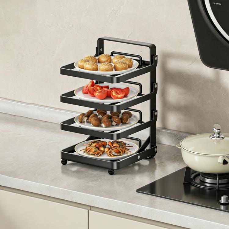 Black 4-tier foldable food prep rack with four serving shelves