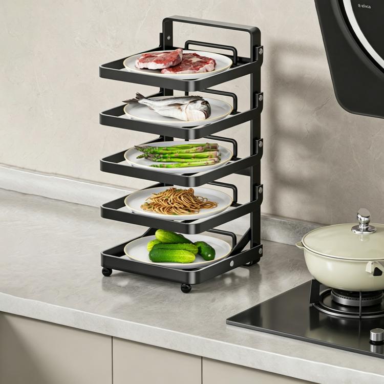 Black 4-tier foldable food prep rack with four shelves for ingredients