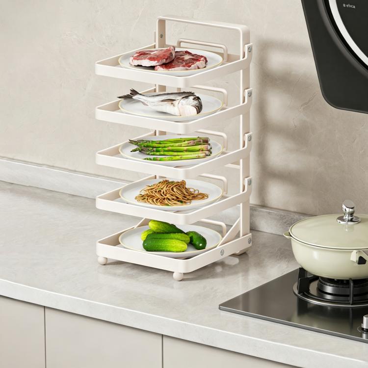 White 4-tier foldable food prep rack with four shelves for ingredients