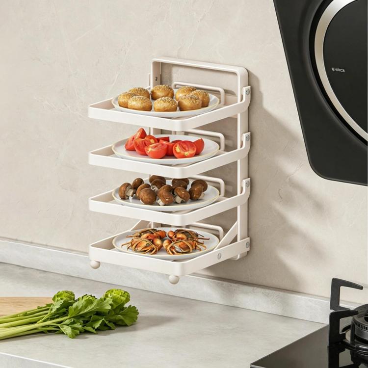 White 4-tier foldable food prep rack with four trays on the countertop