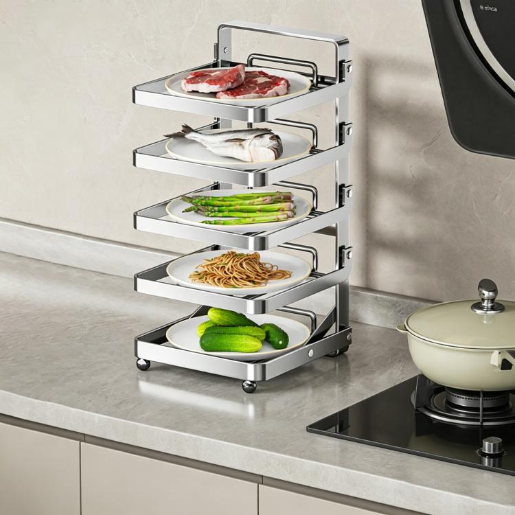 Black 4-tier foldable food prep rack with four trays and curved handles
