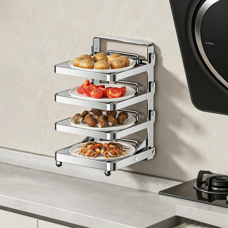 Foldable 4-tier stainless food preparation rack with raised shelves and handles