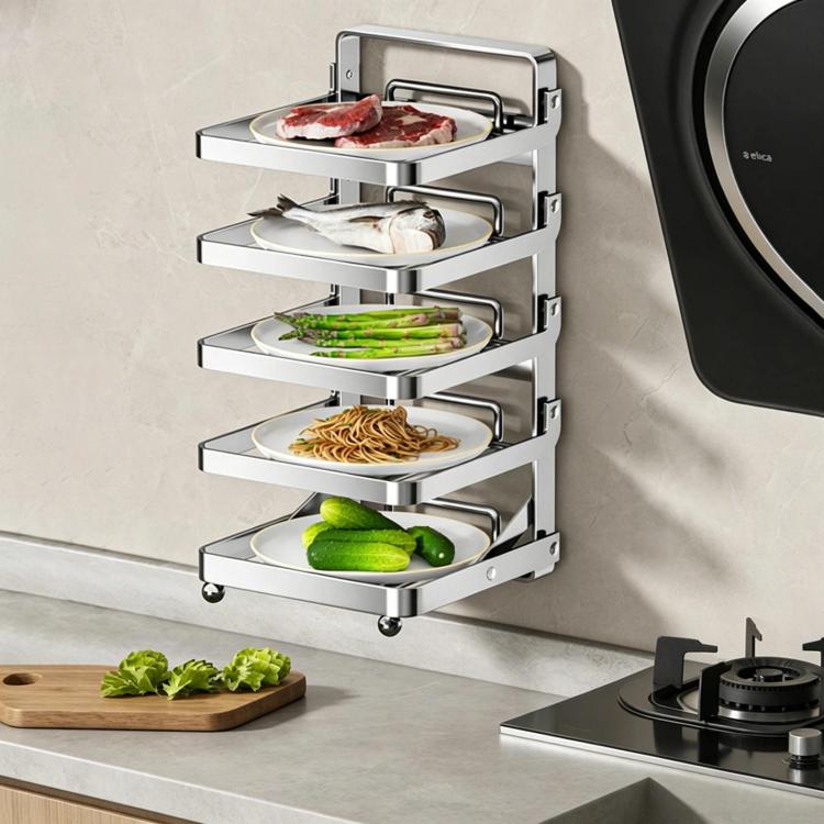 Foldable 5-tier stainless food preparation rack with five raised shelves and handles