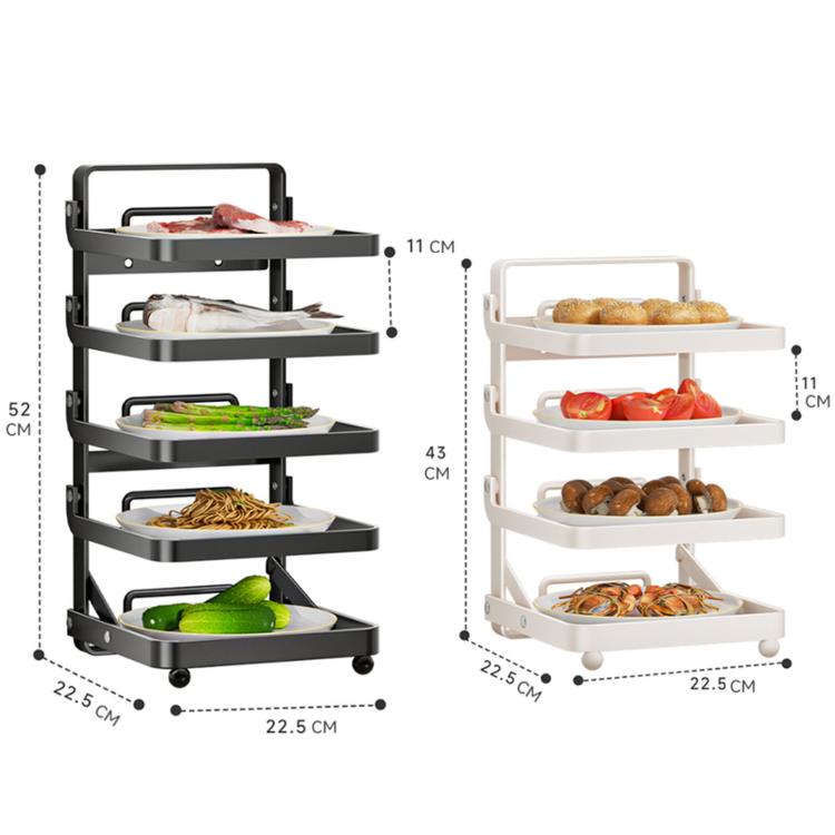 Foldable 4-tier and 5-tier food prep racks shown with dimensions, black and white