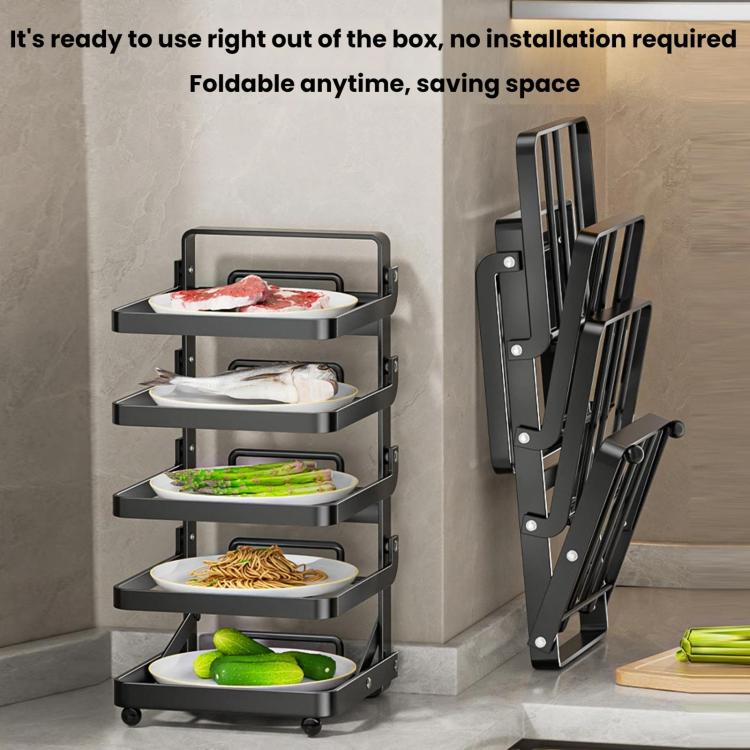Foldable 5-tier black food preparation rack, folded design shown with shelves