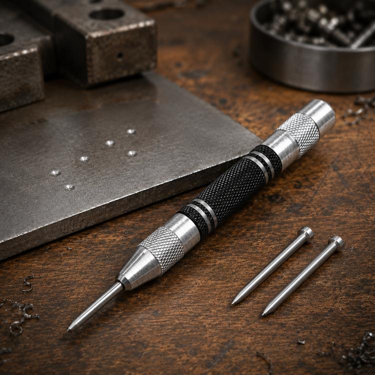 Automatic center punch tool with black grip and metal tip, plus two spare tips