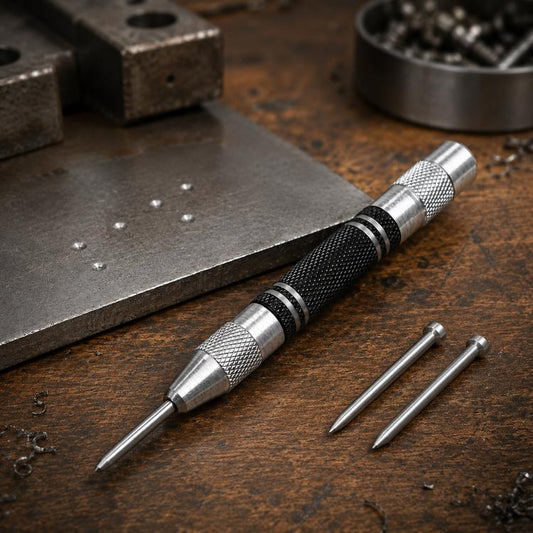 Automatic center punch tool with black grip and metal tip, plus two spare tips