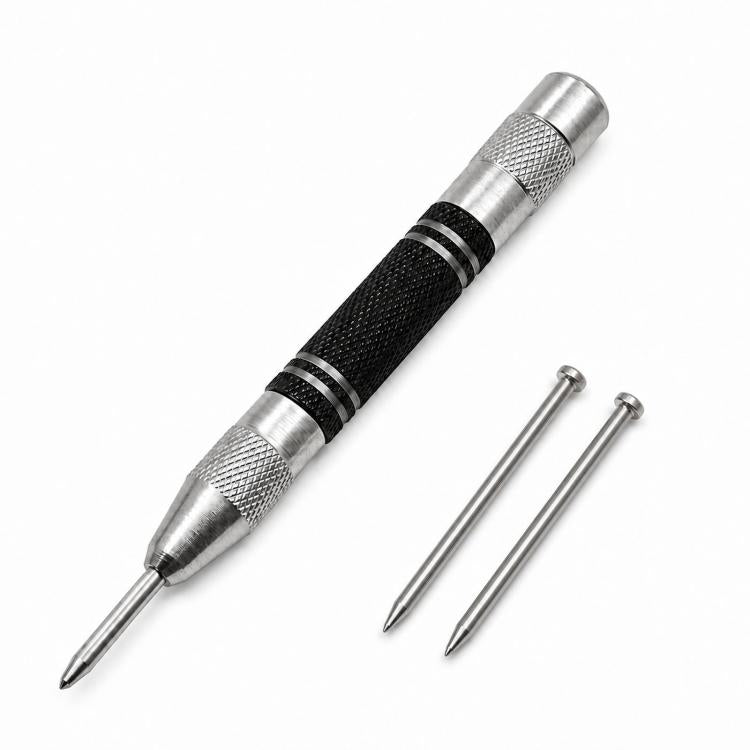 Automatic center punch with knurled silver tip, black grip, and two spare tips