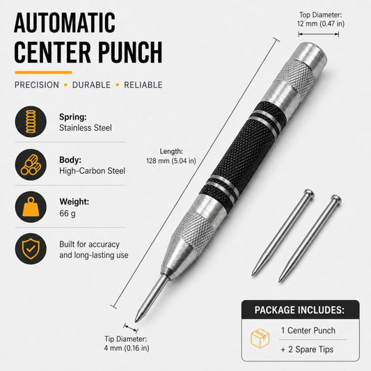 Spring-loaded automatic center punch tool with handle and two included spare tips