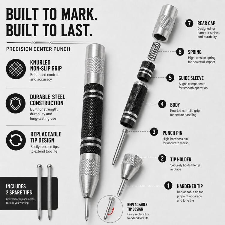 Spring-loaded automatic center punch tool with knurled steel grip and replaceable tip