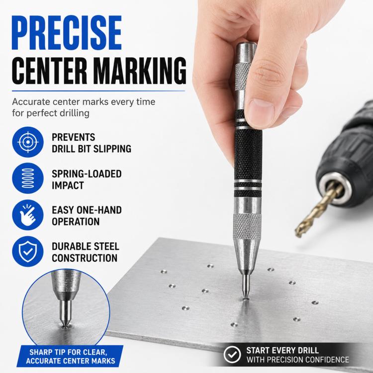 Hand holding a spring-loaded center punch tool with pointed metal tip on a plate