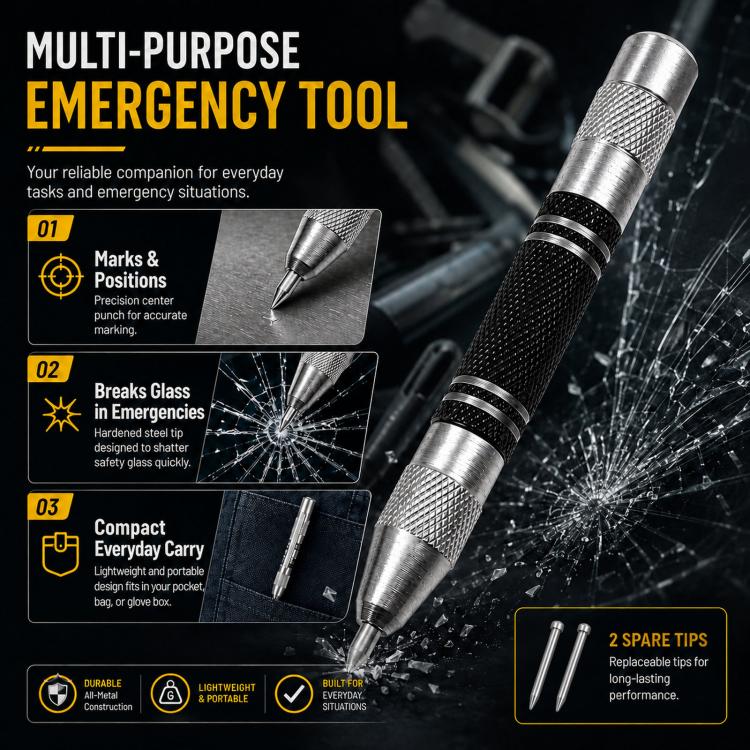 Metal spring-loaded center punch tool with black knurled grip and two spare tips