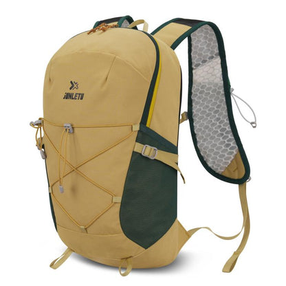 Dusty yellow waterproof trail backpack with front bungee cord and mesh side pocket