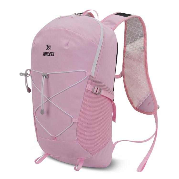 Pink waterproof trail backpack with ventilated back panel and front storage straps