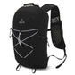 Black waterproof outdoor backpack with ventilated back panel and front elastic bungee cord