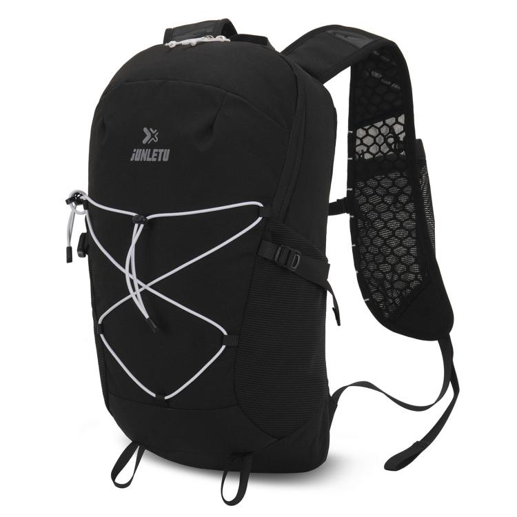 Black waterproof outdoor backpack with ventilated back panel and front elastic bungee cord