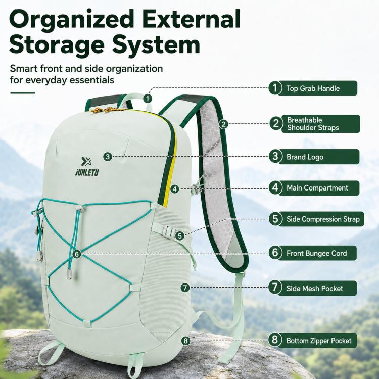 Light green trail backpack with labeled storage compartments and breathable shoulder straps