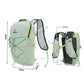 Light green backpack front and side straps with 45cm and 23cm size indicators