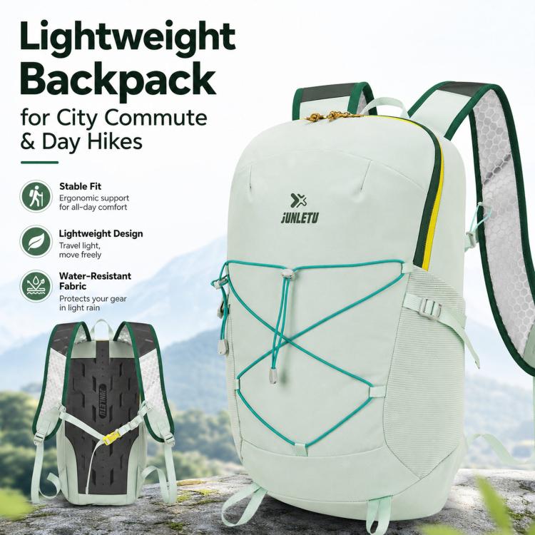 Light green lightweight backpack with front elastic cords and breathable shoulder straps