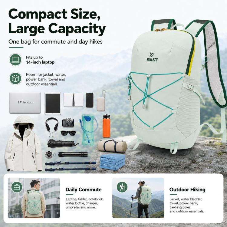 Light green backpack shown with packing capacity items and front bungee cord