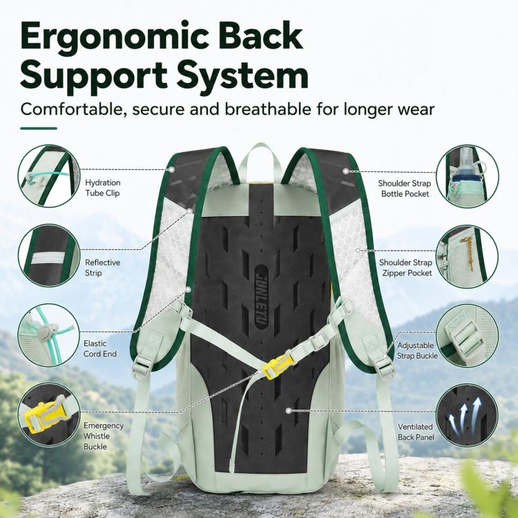 Light green backpack with ergonomic back support straps and hydration tube clip