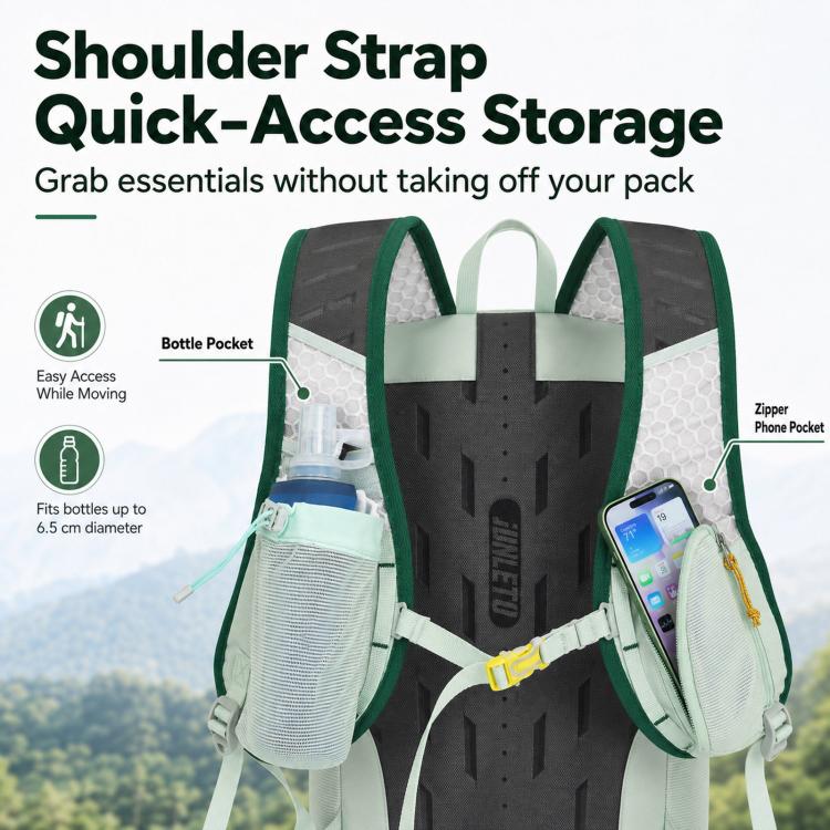 Backpack with open top showing quick-access pockets and zipper phone pocket