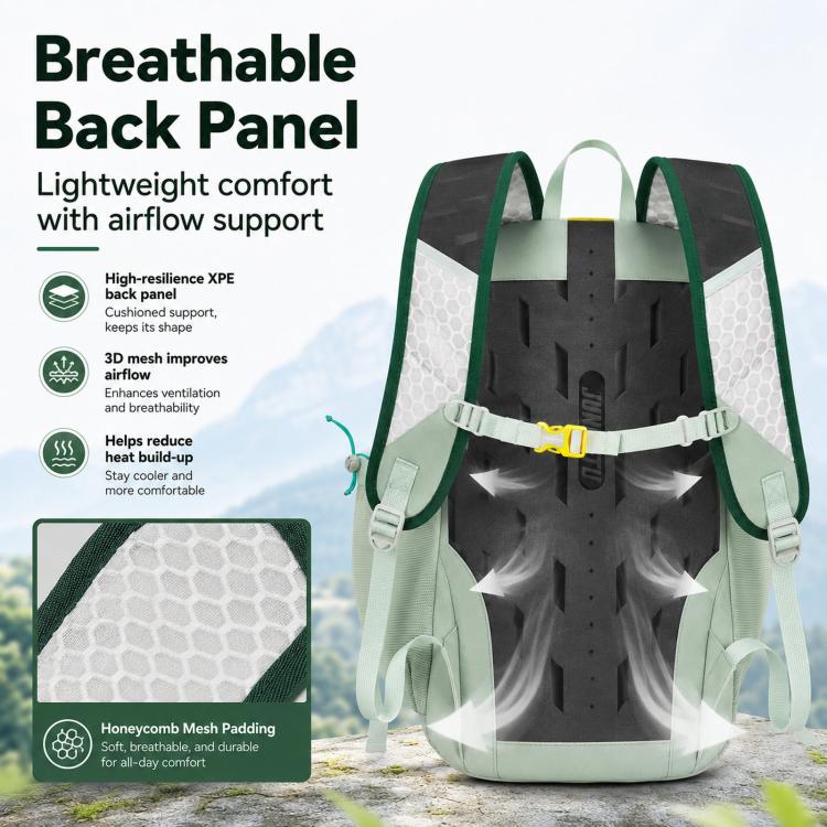 Light green waterproof trail backpack with breathable back panel and airflow support