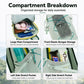 Light green backpack interior with multiple compartments and stretch side pockets