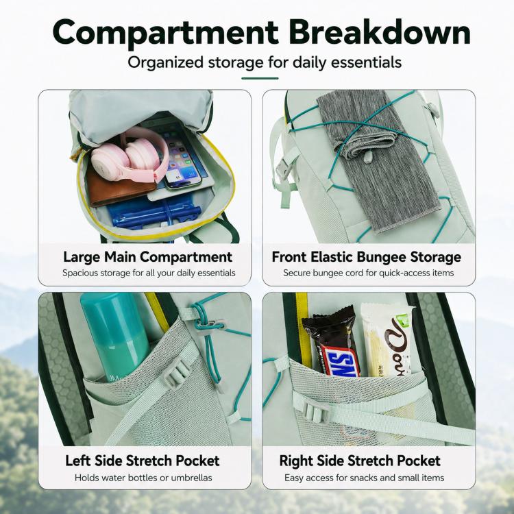 Light green backpack interior with multiple compartments and stretch side pockets