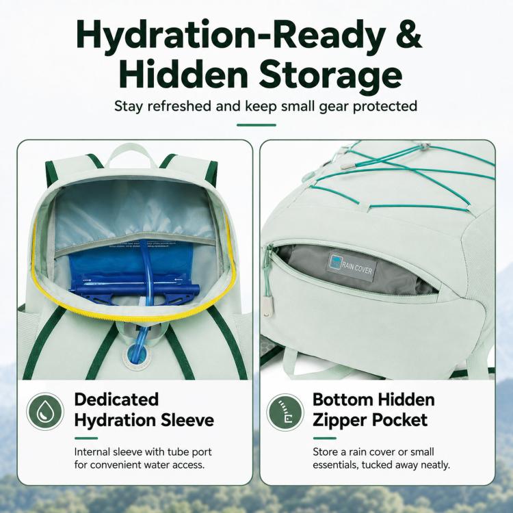 Light green backpack with hydration sleeve and bottom hidden zipper pocket