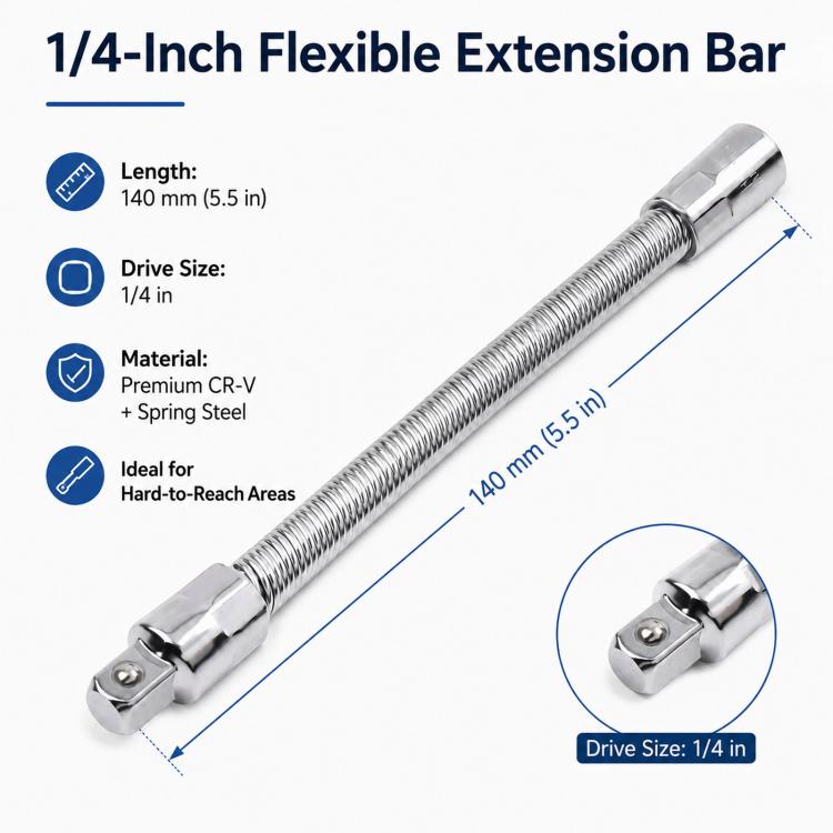 1/4-inch drive flexible extension bar, 140 mm spring steel shaft for hard-to-reach
