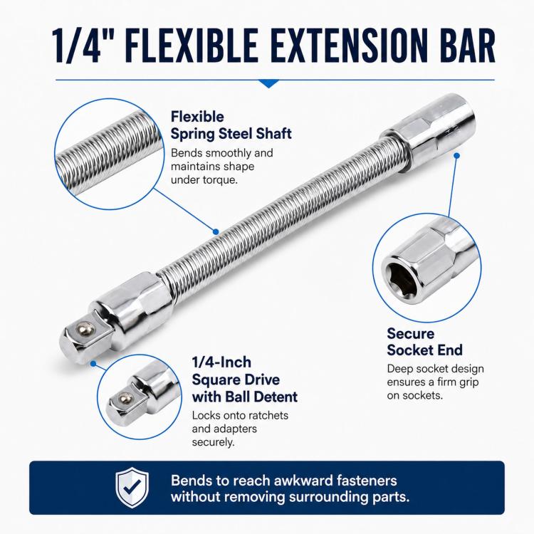 Flexible spring-steel extension bar with 1/4-inch square drive and secure socket end
