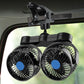 Dual-head black clip-on car fan with two 4-inch grilles and blue center caps