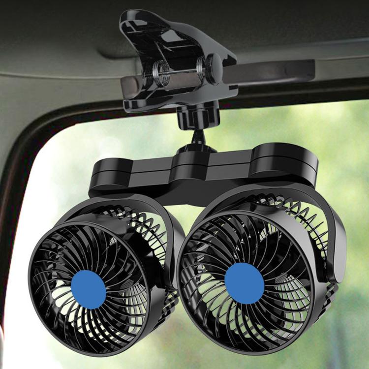 Dual-head black clip-on car fan mounted on dashboard with two 4-inch grilles