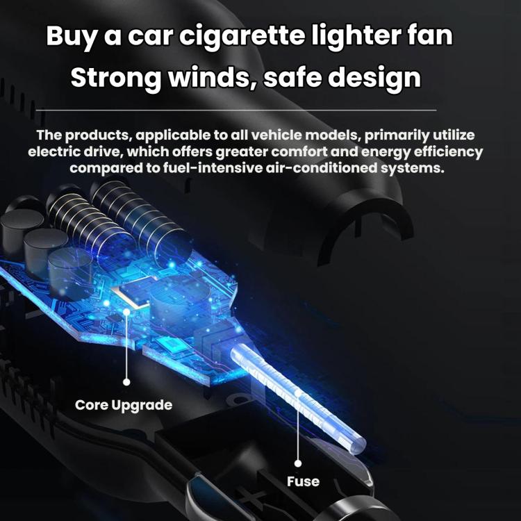 Car cigarette lighter fan internals with blue-lit circuit in a compact black body