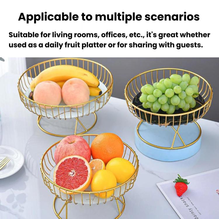 Three round wrought iron fruit trays with gold stands holding fruit in a living space setup.