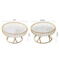 Two round wrought iron fruit trays with gold frames and white inserts in small and large sizes.