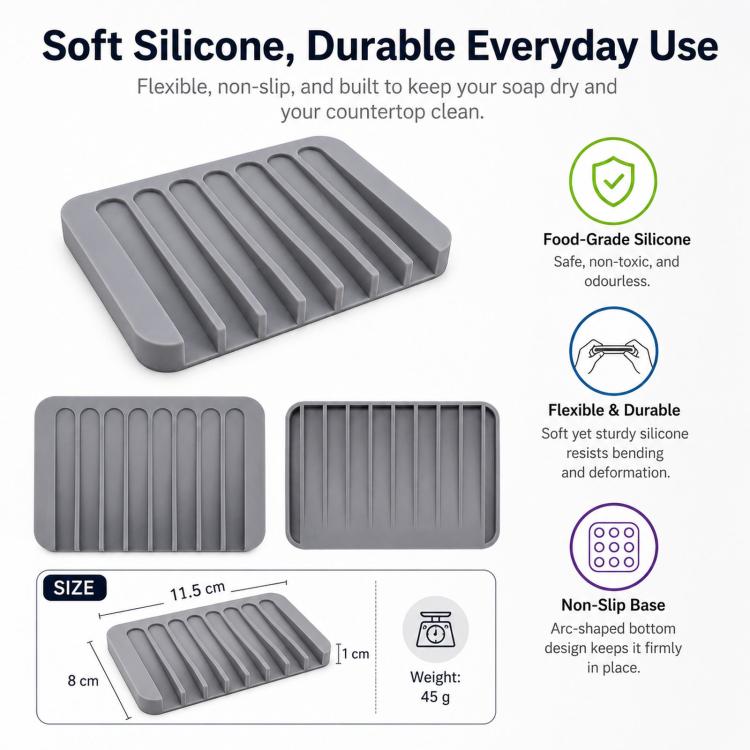 Gray silicone soap dish tray with non-slip ridged base and compact square design