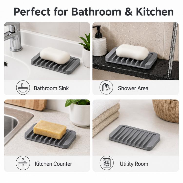 Gray soap dish displayed for bathroom sink, shower area, kitchen counter, and utility room
