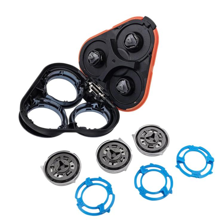 Detached shaver head blade set with blue rings and three metal cutter discs