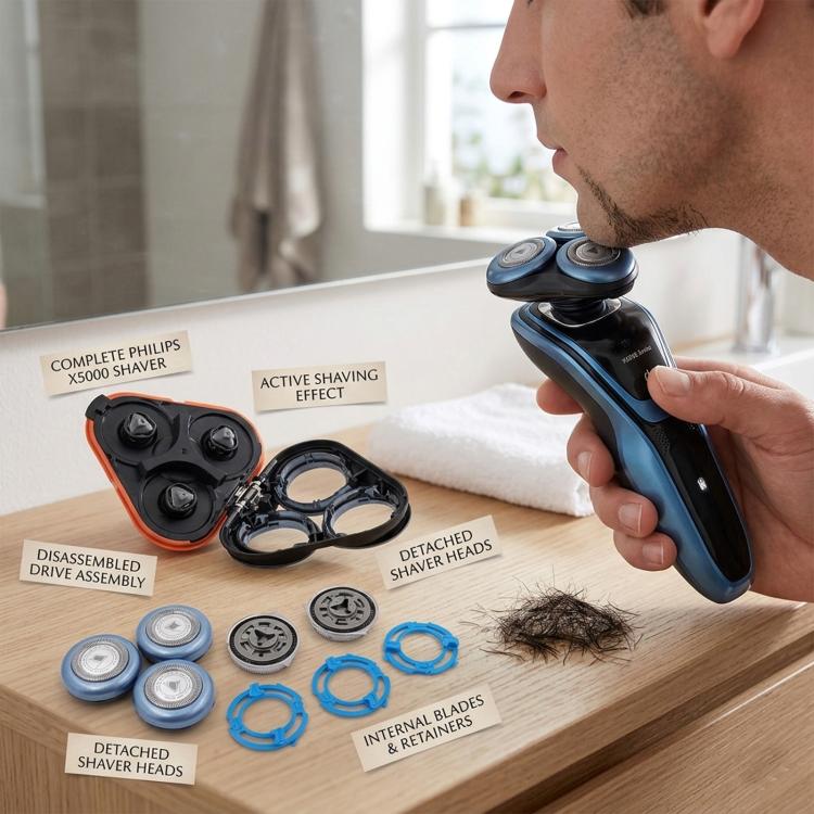 Shaver head blade components with blue rings and a mounted shaver head